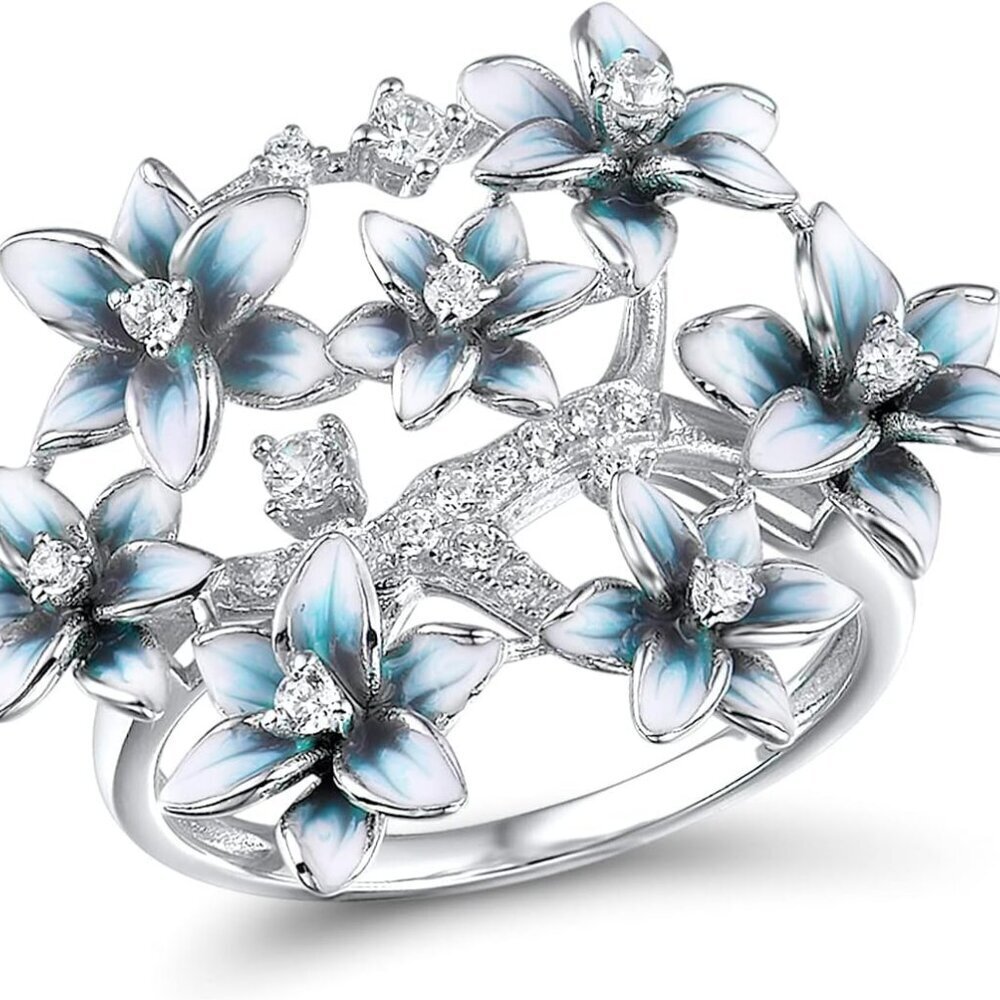 925 Sterling Silver Enamel Flower Ring for Women